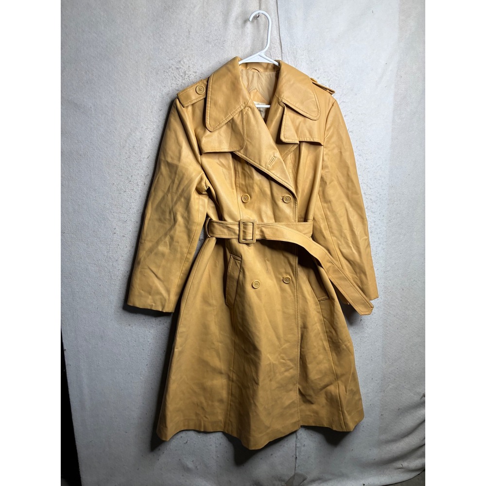Vintage Carlisle Couture Mustard Yellow Vinyl Trench Coat Belted Double Breasted